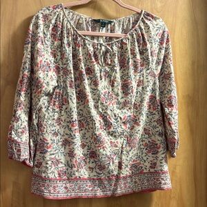 LAUREN RALPH LAUREN L Cream Pink Blue Floral Cotton 3/4 Slv Knit Peasant Top M